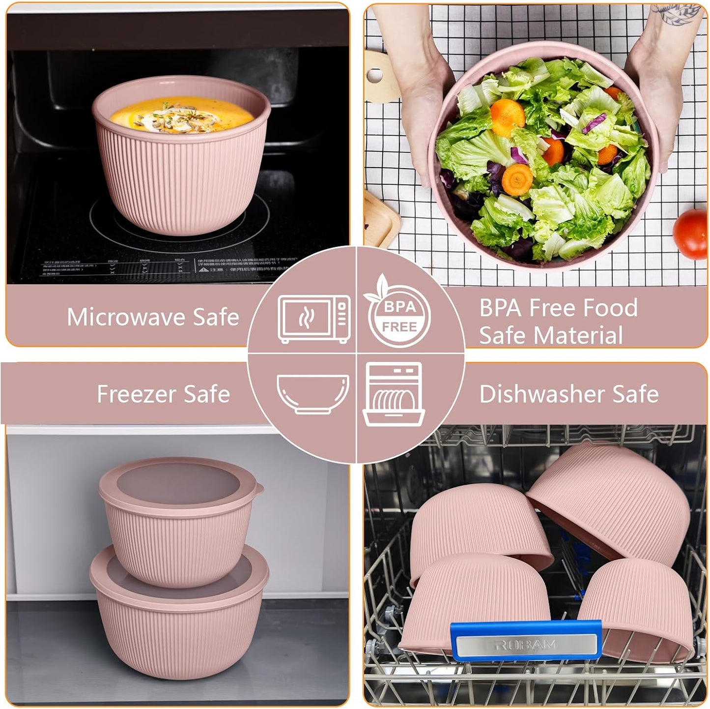 BoxedHome Plastic Mixing Bowls with Lids Set,4.97QT Large Capacity Deep Nesting Bowl,8 Pieces Set BPA-Free Prep Bowls,Dishwasher & Microwave Safe,Beige