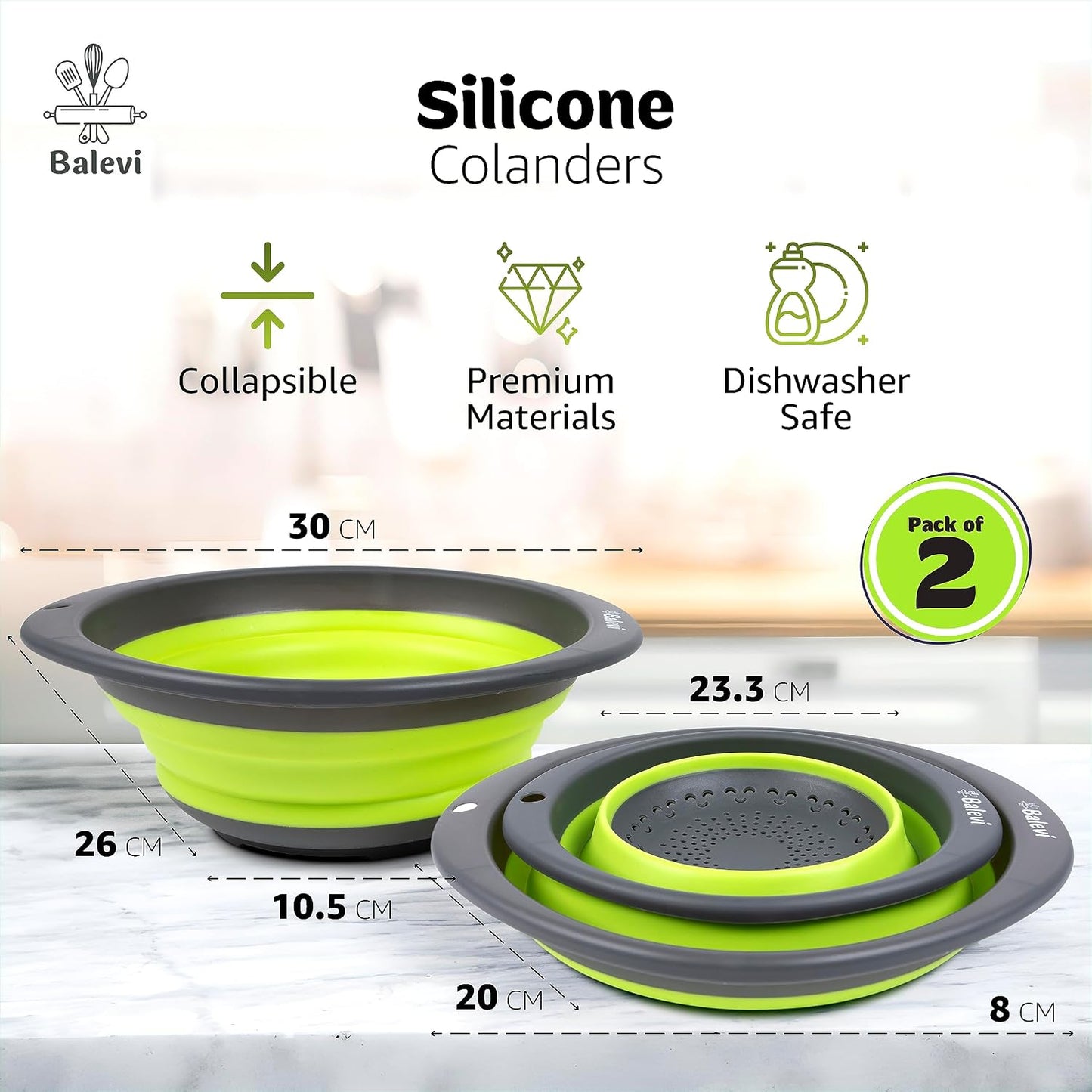 Collapsible Strainers for Kitchen, Green, Set of 2 | Silicone, Collapsible Colander, Little Pegs to Keep Food Elevated