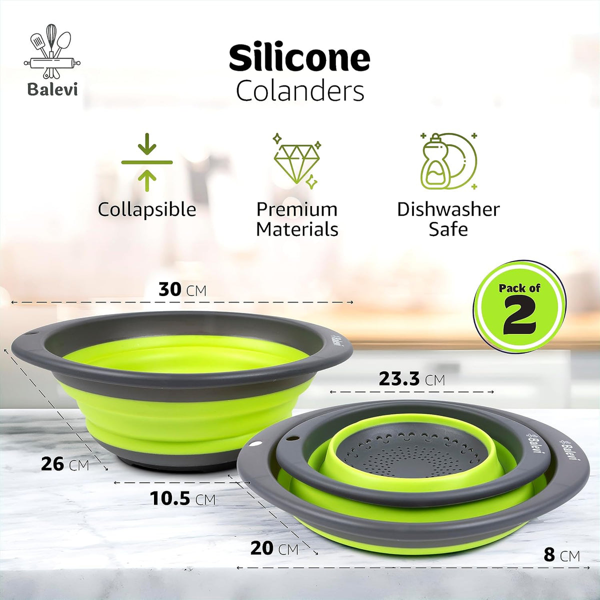 Collapsible Strainers for Kitchen, Green, Set of 2