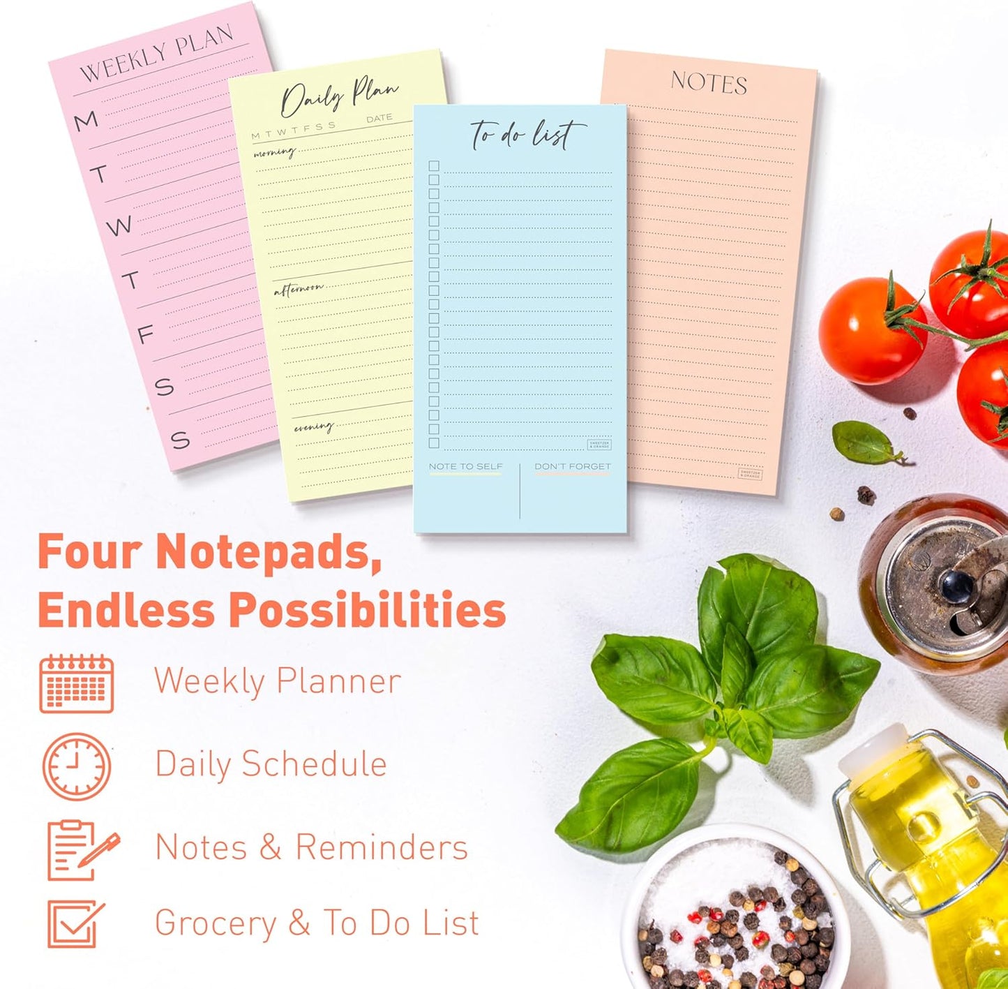 S&O Set of 4 Essential Refrigerator Notepads with Magnet - Grocery Schedule Holder Pad for Fridge - Weekly Magnetic To Do List for Adhesive - Cling Notebook Meal Planner - Attractive Shopping List Pad