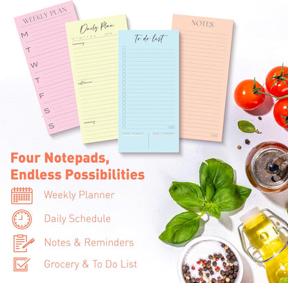 S&O Set of 4 Essential Refrigerator Notepads with Magnet - Grocery Schedule Holder Pad for Fridge - Weekly Magnetic To Do List for Adhesive - Cling Notebook Meal Planner - Attractive Shopping List Pad