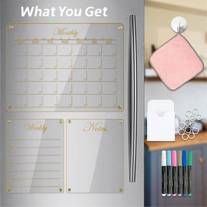Luxury Acrylic Magnetic Calendar for Refrigerator | Acrylic Calendar for Fridge 12"x16" | 3 Fridge Calendars with Gold Magnets (Monthly, Weekly, and General Notes) | Acrylic Calendar for Wall