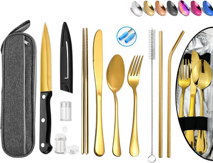 Portable Reusable Travel Utensils Silverware With Case, Camping Cutlery Set, Chopsticks and Straw, Flatware With Case, Stainless Steel Top (Silver)