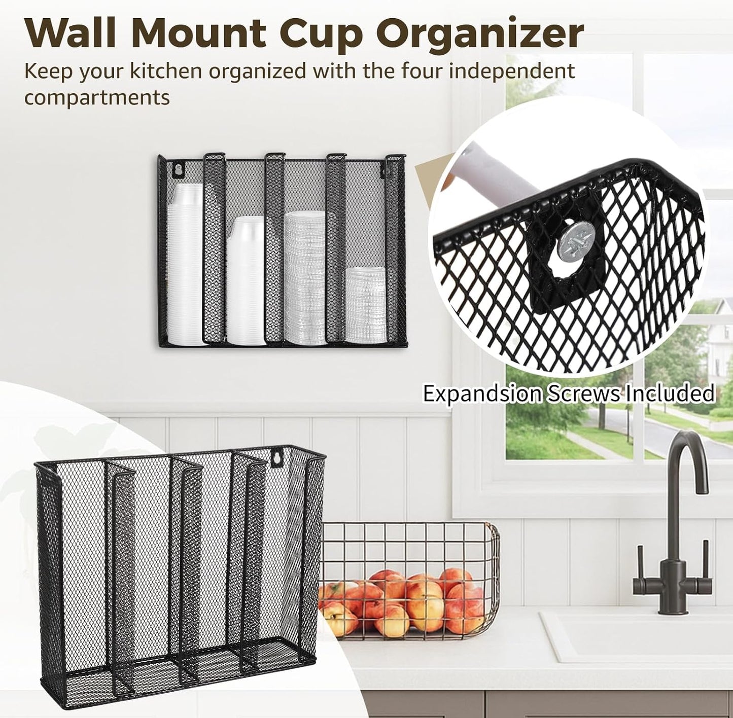 Wall Mount Portion Sauce Cup Lid Organizer, Black Metal Mesh Sauce Cup Dispenser, 4 Compartment for Stacking Plastic Disposable Cup and Lid Storage For Kitchen Restaurant Coffee Bar,Easy Installatio