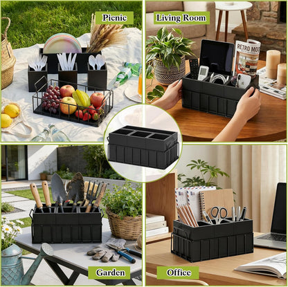 Silverware Holder for Party, Acacia Utensil Holder with 4 Removable Compartments for Countertop, Silverware Caddy Flatware Organizer Box for Utensil Spoons Forks Plate Napkin, Detachable Sevring Caddy