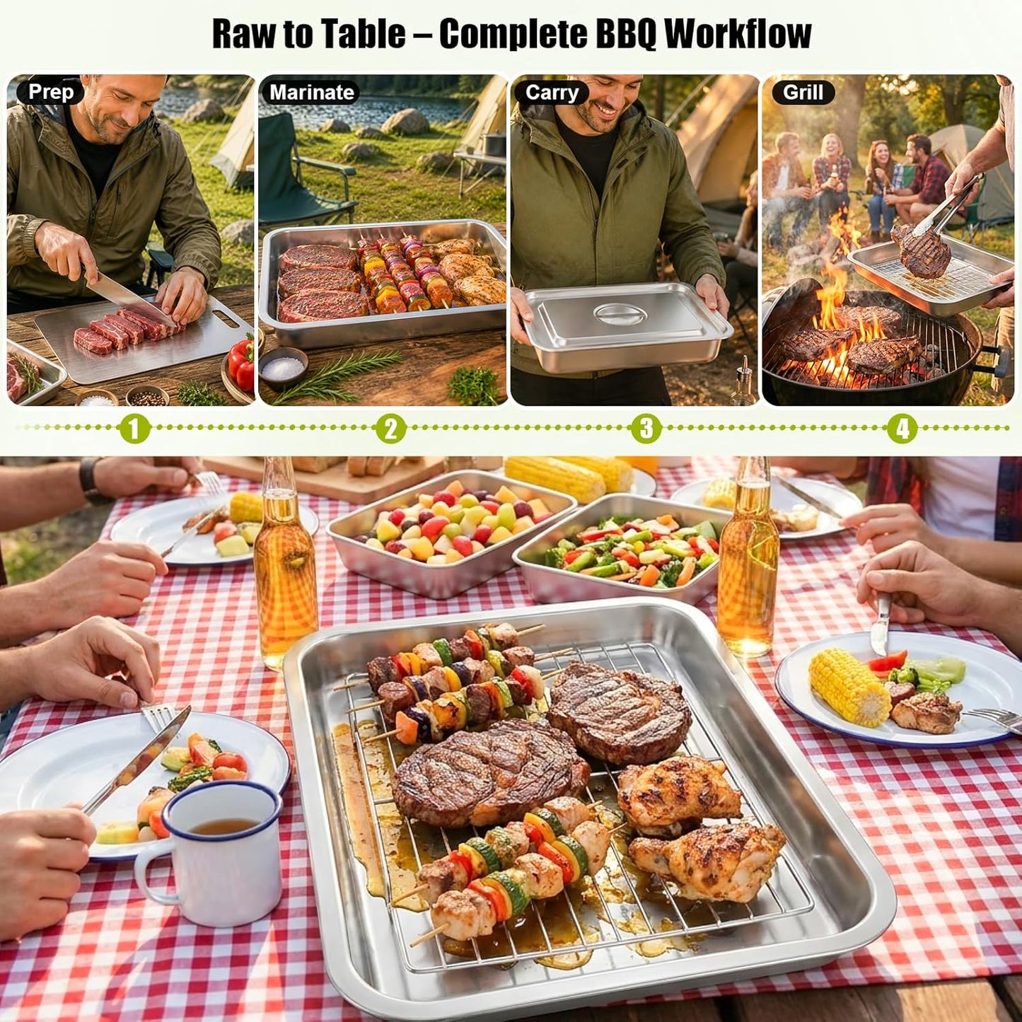 7-IN-1 Grill Prep Tray & Carry System – Large Stainless Steel Meat Marinating Container with Lid, Cutting Board, Grill Accessories, Outdoor Grilling Prep & Serve Set, BBQ Gifts for Father's Day Men