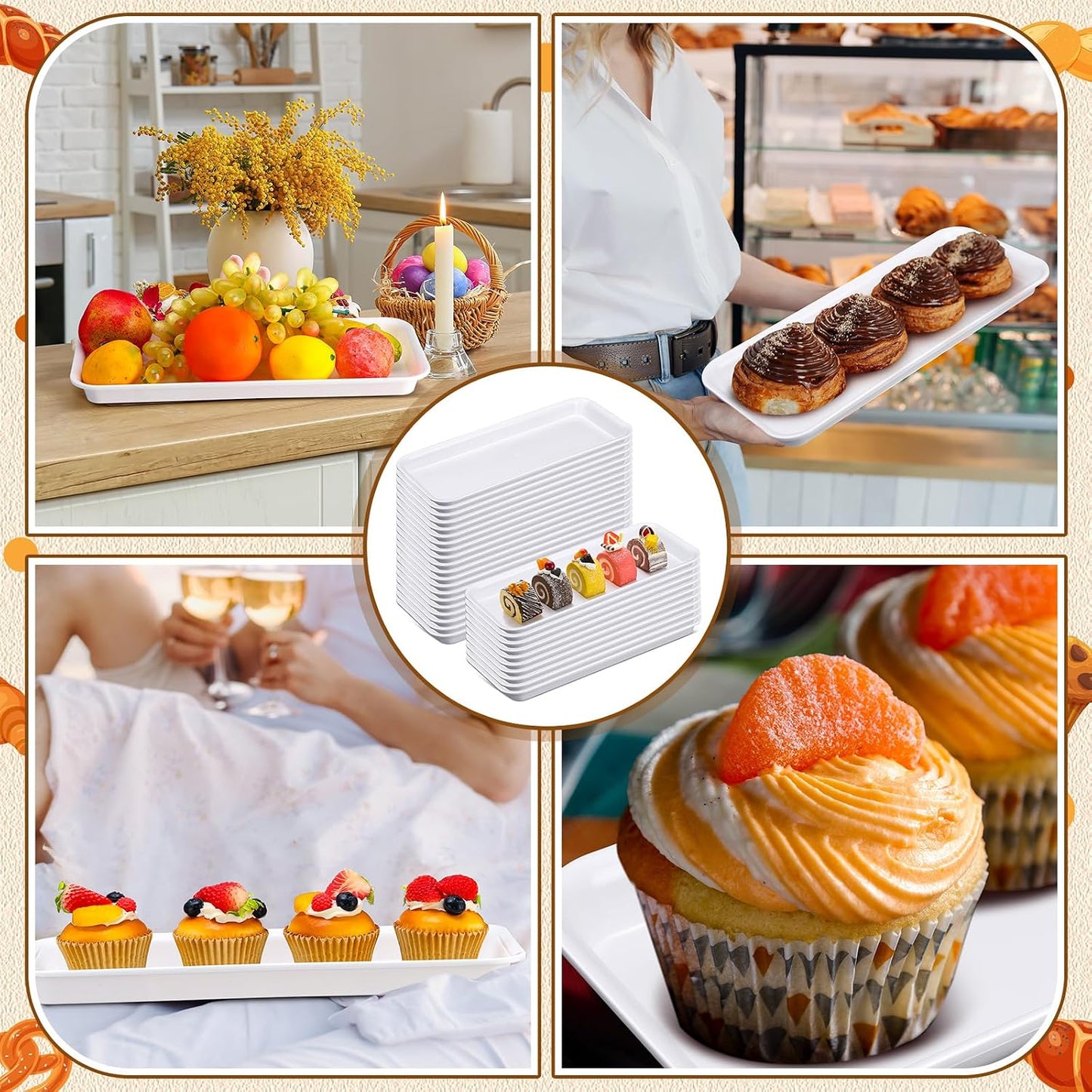Ziliny 30 Pcs White Serving Platters 14 x 6 Inch Rectangle Serving Trays Reusable Food Tray Dishes Dessert Trays Plastic Plates for Wedding Home Table Thanksgiving Christmas Party