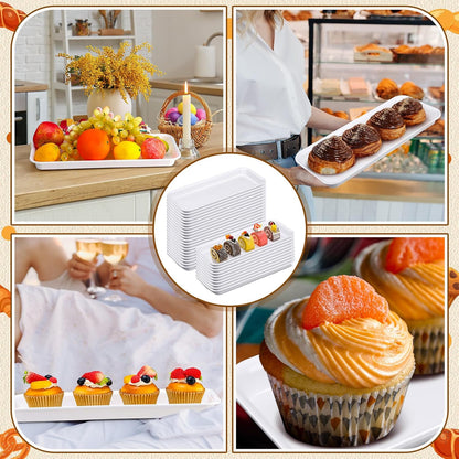 Ziliny 30 Pcs White Serving Platters 14 x 6 Inch Rectangle Serving Trays Reusable Food Tray Dishes Dessert Trays Plastic Plates for Wedding Home Table Thanksgiving Christmas Party