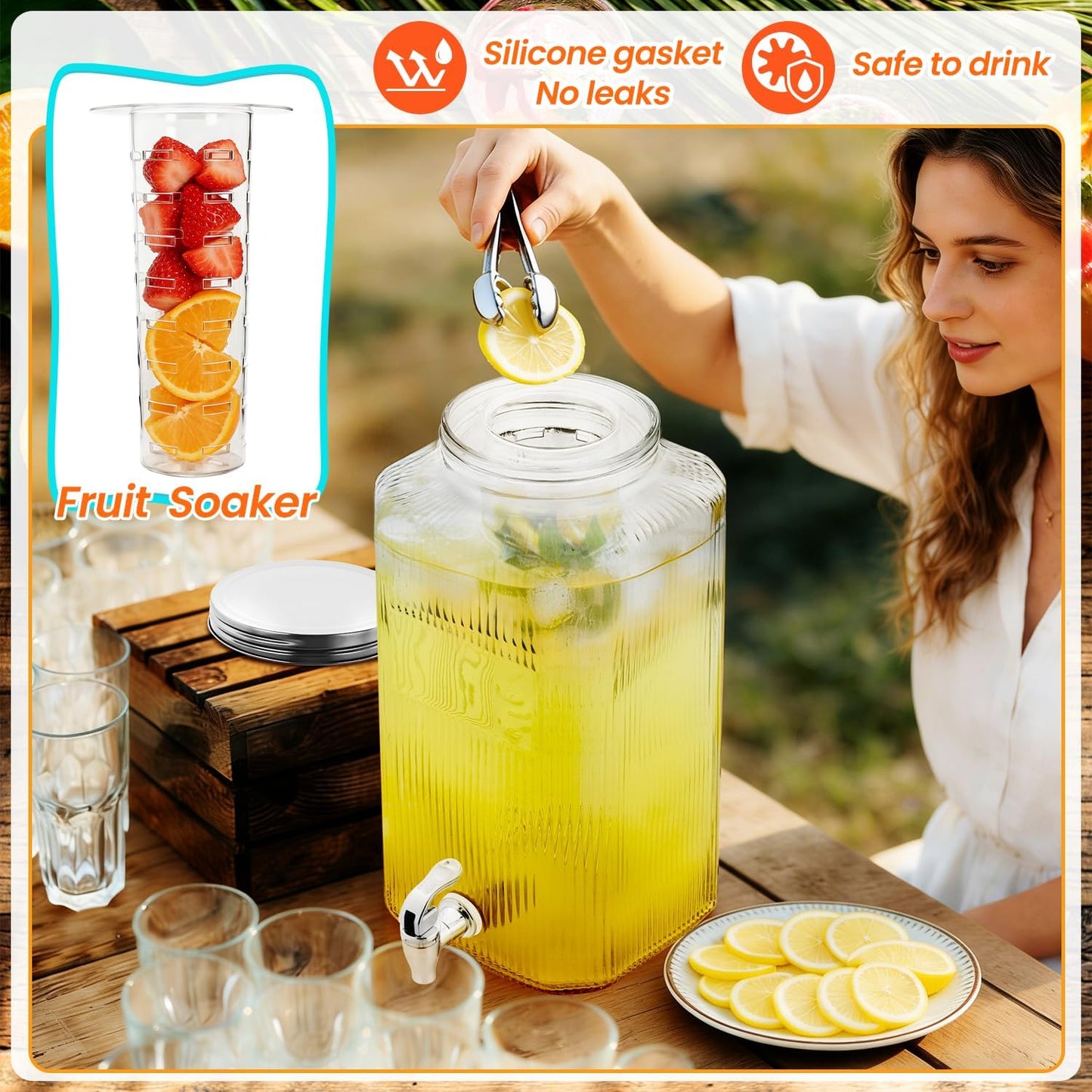 2 Pack 2 Gallon Glass Drink Dispenser Glass Beverage Dispenser with Stand Spigot Drink Coasters and Filter Leakproof Water Jar Clear Iced Drink Jug for Parties Juice Lemonade Picnics Fridge