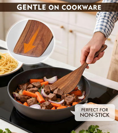 Wooden Spatula, Acacia Solid & Slotted Turner Spatula Set, Long Handle Flat Frying Spatulas, Ideal Kitchen Gift for Mother and Grandma, Kitchen Utensils Set for Cooking, Frying, Baking