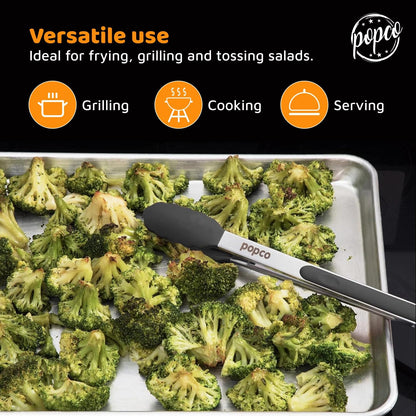 Popco 3 Piece Kitchen Tongs Set 7, 9, 12 Inch - Stainless Steel Nonstick Tongs with Silicone Tips - Heat Resistant and Dishwasher Safe for Cooking, Grilling, Salad, and Everyday Serving