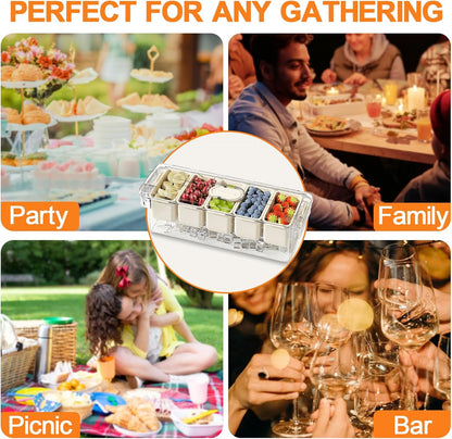 SVNNELP Ice Chilled Condiment Caddy Containers Server with Lid,Serving Fruit Tray Platter with 5 Removable Compartments,Garnish Tray for Party Supplies & Bar Accessories for Taco,Salad