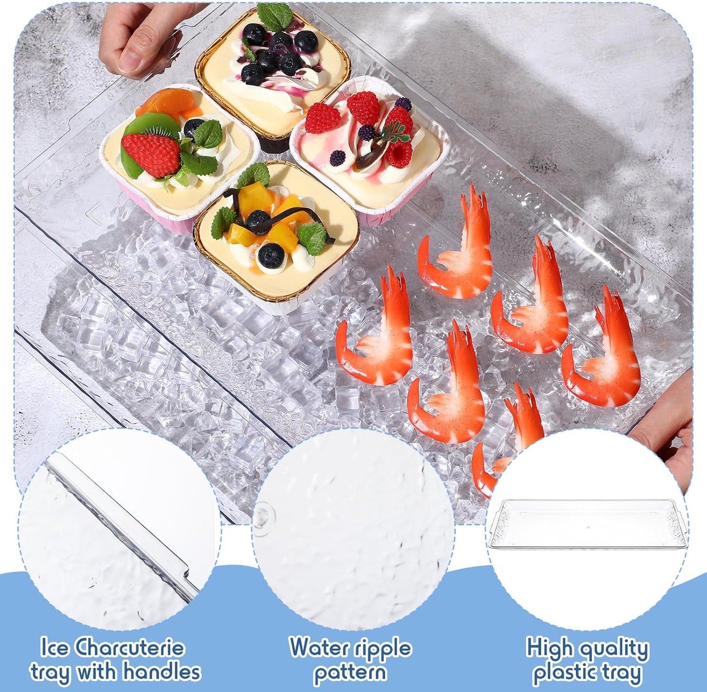 Baderke 4 Set 16" x 9" Plastic Chilled Serving Tray for Parties with Compartments Ice Chilled Party Platter Charcuterie Serving Board Cold Dish Dip for Fruit Seafood Vegetable Appetizer (Clear)