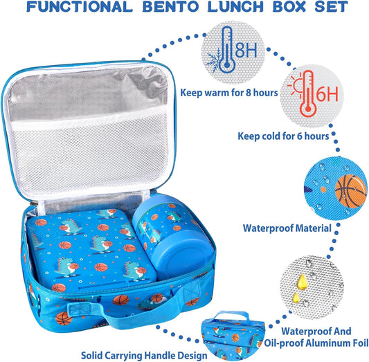 Bento Lunch Box Set for Kids with 10oz Soup Thermo, Leak-Proof Lunch Containers with 4 Compartment, Kids Thermo Hot Food Jar and Insulated Lunch Bag for Kid to School,BPA-Free(Dragon)