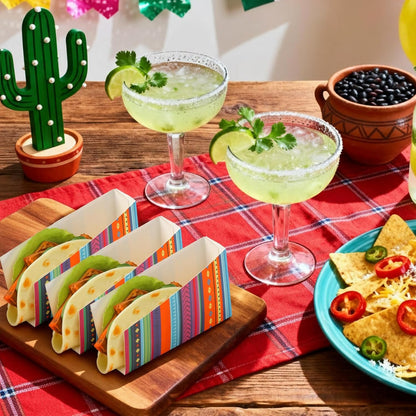50 Pcs Taco Nights Mexican Cinco De Mayo Party Taco Holder Mexican Nacho Popcorn Unassembled Trays Snack Disposable Paper Holder Carnival Party Food Container Stand Fiesta Parties Supply