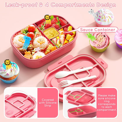 Lunch Box Kid Adult Bento Box, 4-Compartment Food Lunch Containers with Fork & Spoon, BPA Free, Leak-Proof Bento-Style Lunch Box for Work School, Microwave & Dishwasher Safe (Candy)