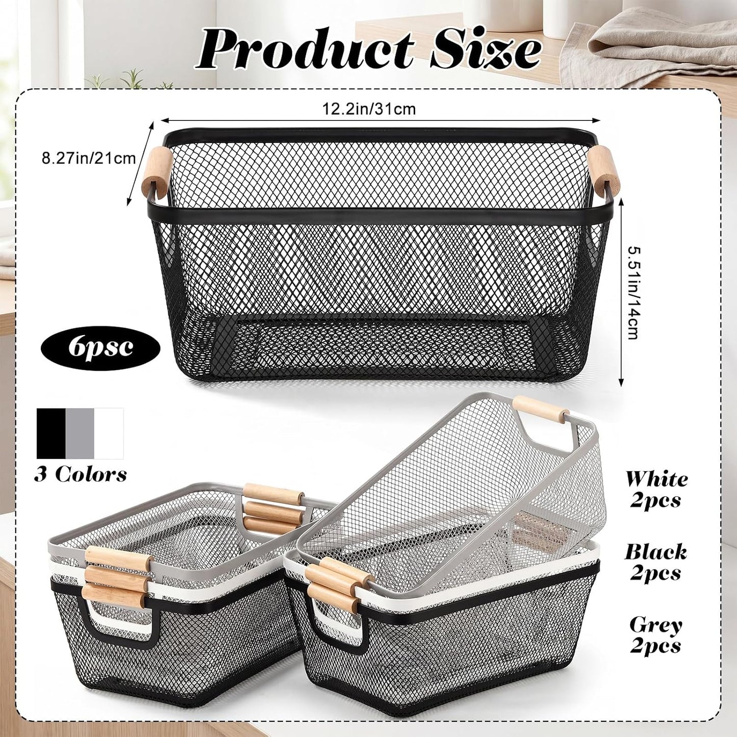 Sawysine 6 Pack Wire Mesh Baskets for Organizing with Wooden Handles 12.2 x 8.27 x 5.51 Inch Metal Mesh Storage Bins Black White Gray Fruit Vegetable Containers for Pantry Kitchen Office