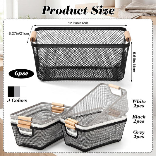 Sawysine 6 Pack Wire Mesh Baskets for Organizing with Wooden Handles 12.2 x 8.27 x 5.51 Inch Metal Mesh Storage Bins Black White Gray Fruit Vegetable Containers for Pantry Kitchen Office