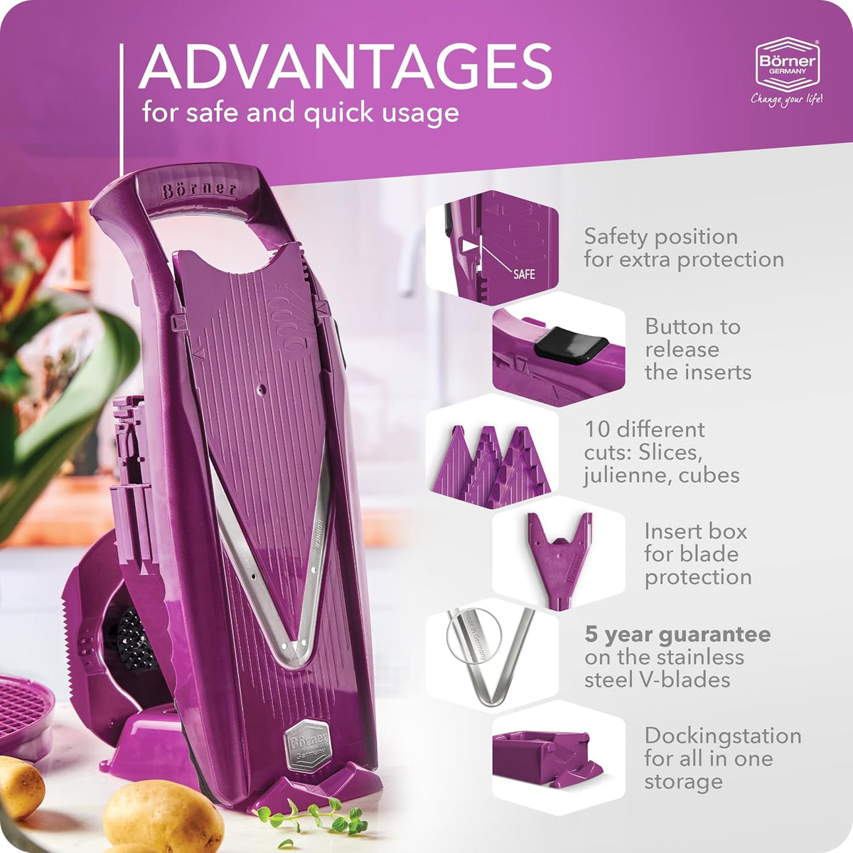 Börner Mandoline Slicer V5 (Basic Set) • Vegetable V-Slicer for Slices in 4 Thickness Settings • Stainless Steel V-Blade • Adjustable Kitchen Slicer for Vegetables & Fruits • Color: Green