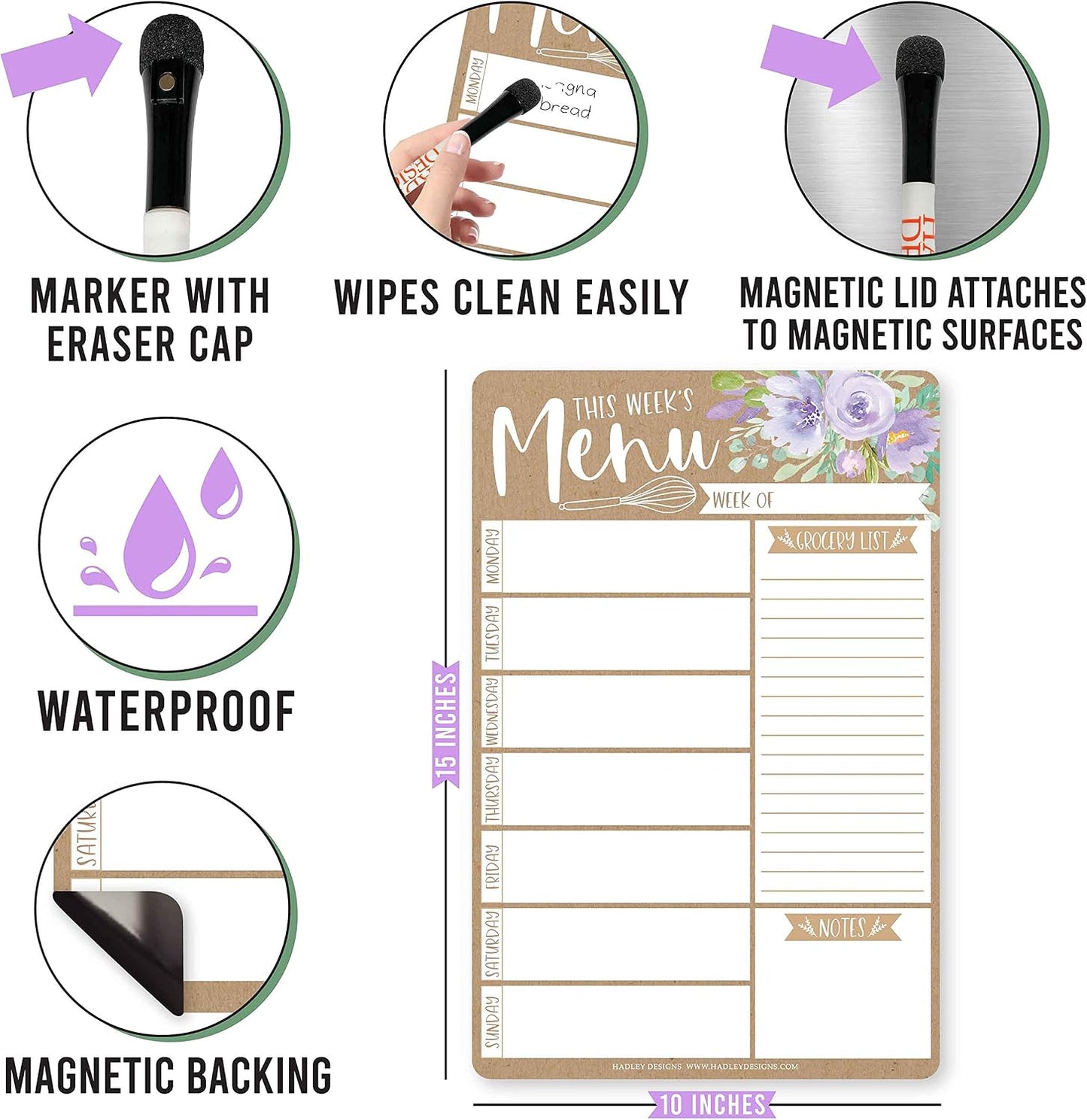 Hadley Designs Weekly Meal Planner and Dry Erase Board for Refrigerator-Floral Magnetic Weekly Menu Board for Kitchen Conversion Chart, Magnetic Meal Planner for Refrigerator