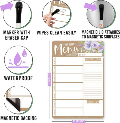 Hadley Designs Weekly Meal Planner and Dry Erase Board for Refrigerator-Floral Magnetic Weekly Menu Board for Kitchen Conversion Chart, Magnetic Meal Planner for Refrigerator