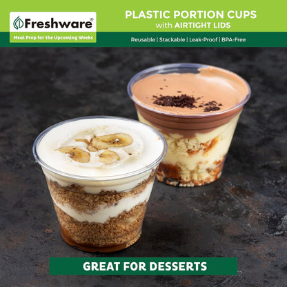 Freshware Plastic Portion Cups with Lids [2 Ounce, 200 Sets] Disposable Plastic Cups for Meal Prep, Salad Dressing, Jellos Shot Cups, Souffle Cups, Condiment and Dipping Sauce Cups