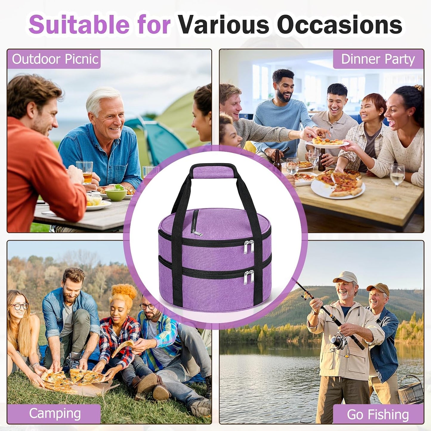 Round Insulated Casserole Carrier – 12" Portable Pie Carrier Bag for Hot or Cold Food, Leakproof Thermal Lunch Tote with Handle for Parties Picnic & Travel - Grey