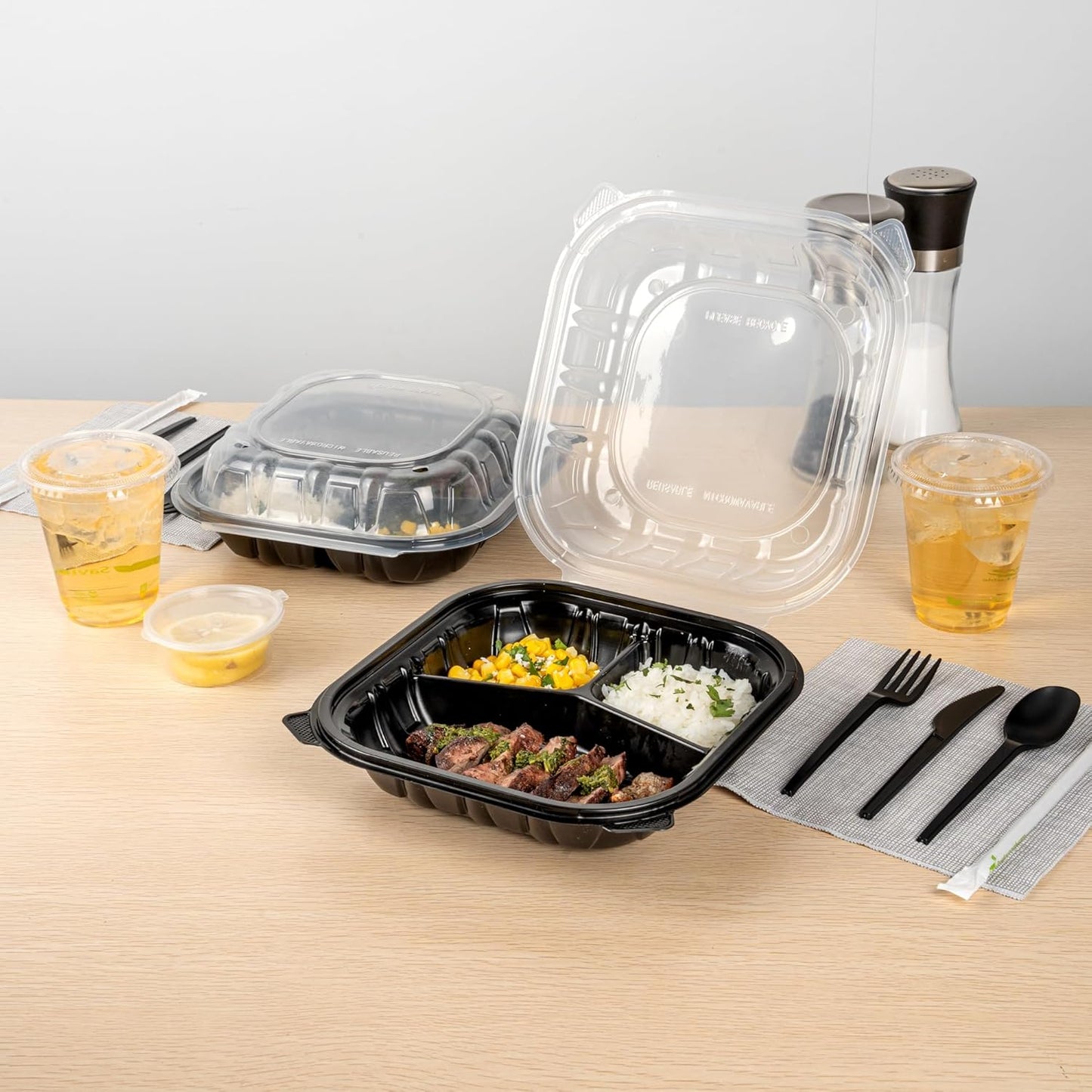 Thermo Tek 40 Ounce Clamshell Containers, 50 Disposable Take Out Boxes - 3 Compartments, Ventilated Lids, Black Plastic Meal Prep Containers, Microwavable, For Pasta Or Salads - Restaurantware