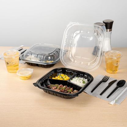 Thermo Tek 40 Ounce Clamshell Containers, 50 Disposable Take Out Boxes - 3 Compartments, Ventilated Lids, Black Plastic Meal Prep Containers, Microwavable, For Pasta Or Salads - Restaurantware