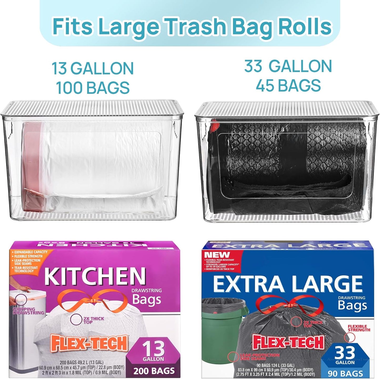 Vtopmart 2 Pack Trash Bag Holder with Bamboo Lid, Stackable Garbage Bag Dispenser for 13/30/33 Gallon Bags, Clear Organizer Bins for Under Kitchen Sink, Laundry Room Organization and Storage