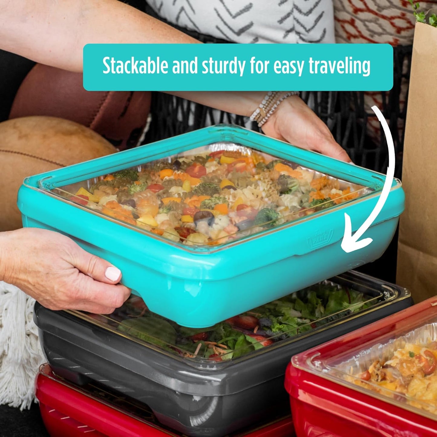 Fancy Panz Red Classic Aluminum Foil Pan Carrier with Secure Latch Lid - Reusable Casserole Carrier for Half Size Pans - Food Transport Holder for Potlucks, Parties, Tailgates & Entertaining