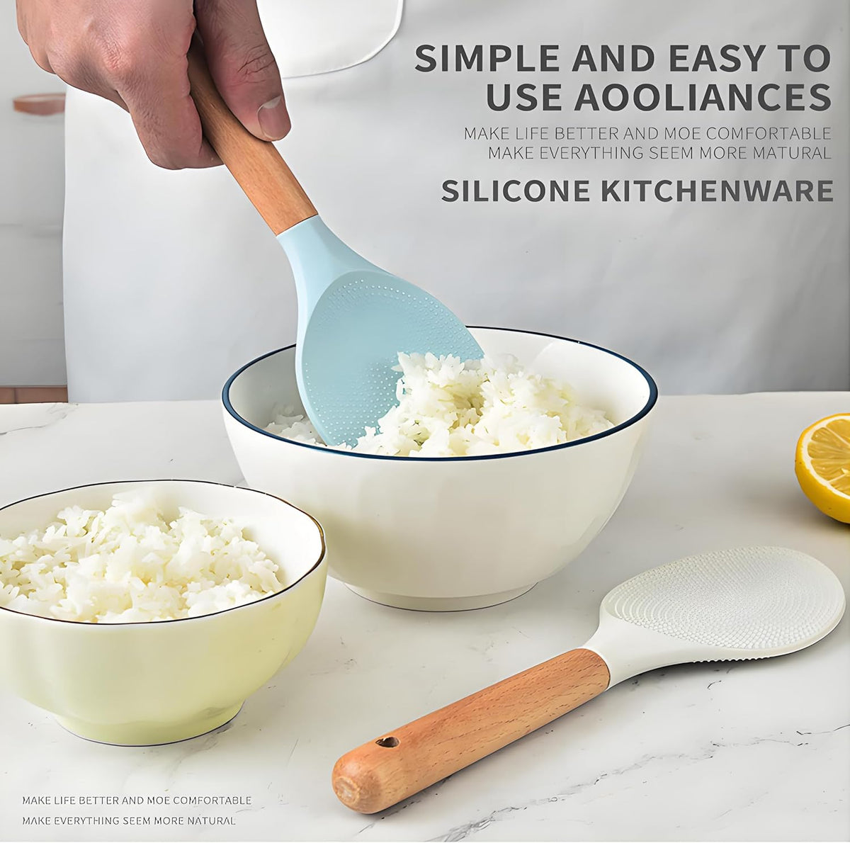 Silicone Spatula and Rice Spoon with Wooden Handle, Non-Stick, Heat Resistant, for Cooking, Mixing, Scooping (White, 9-inch rice spoon)