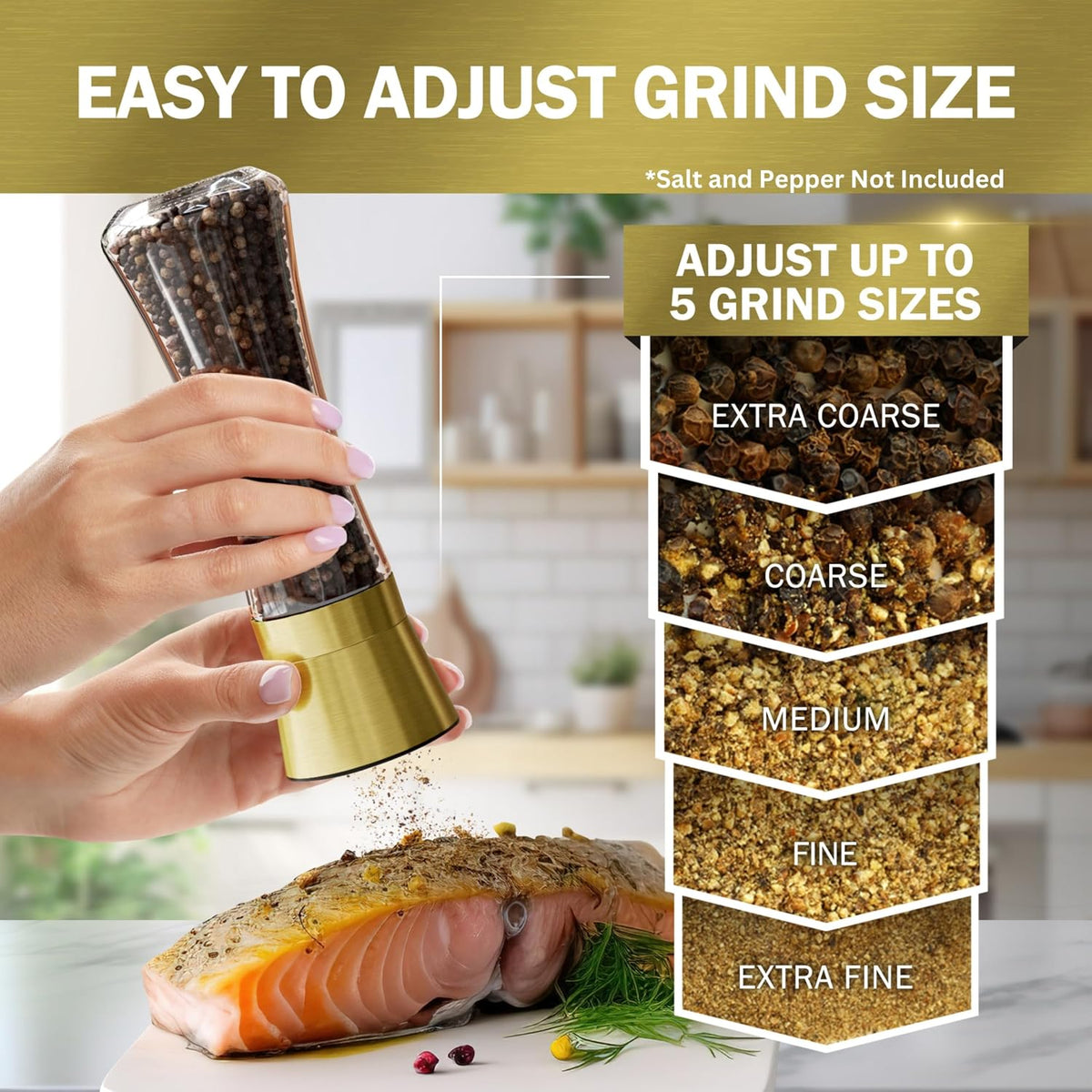 Home EC Premium Stainless Steel Sea Salt and Pepper Grinder Set of 2 - Adjustable Ceramic - Tall Glass Salt and Pepper Shakers - Kitchen Spice Mill W/Funnel & EBook
