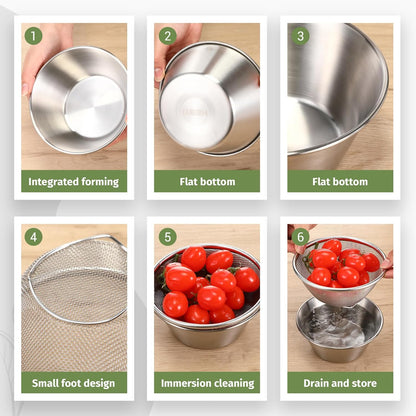 Baderke 2 Pcs Mini Colander & Food Strainer 304 Stainless Steel Small Mixing Colanders Bowl Rice Strainer for Kitchen Cooking Fruit Washing Vegetable(5.51 x 2.36 Inches,Silvery)