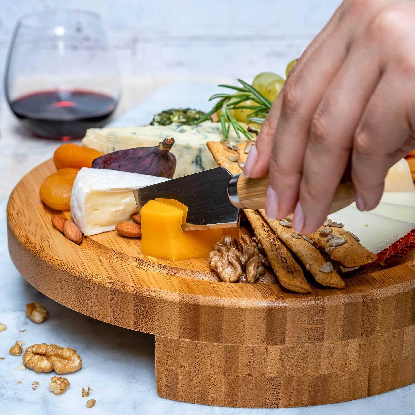 Bamboo Cheese Board and Knife Set – 14 inch Round Charcuterie Board, Serving Tray, Platter, Wood Cheeseboard Set with Slide-Out Drawer – BlauKe®