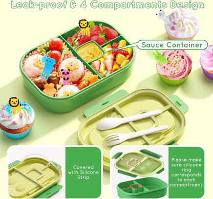 Lunch Box Kid Adult Bento Box, 4-Compartment Food Lunch Containers with Fork & Spoon, BPA Free, Leak-Proof Bento-Style Lunch Box for Work School, Microwave & Dishwasher Safe (Candy)