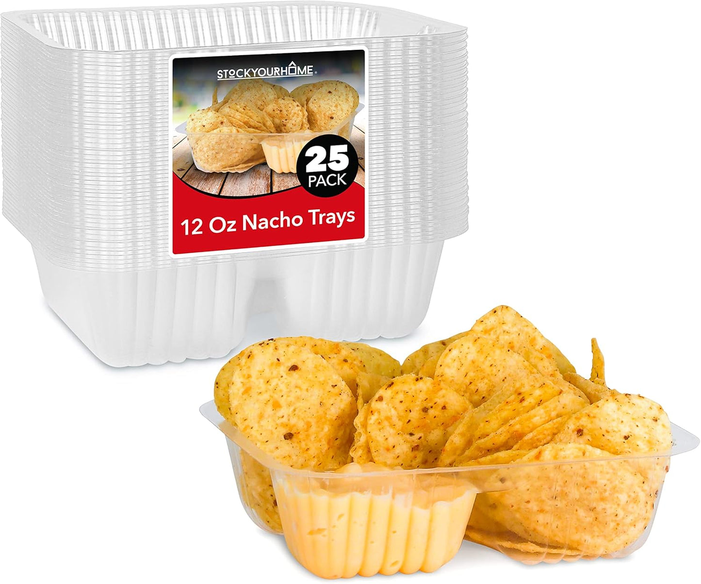 12oz Plastic Nacho Trays (100 Pack) Small Disposable Tray for Nachos & Cheese Dip, Concession Stand Supplies, Movie Night Snacks for Kids, Carnival Party Decorations, Food Boats, Snack Containers…
