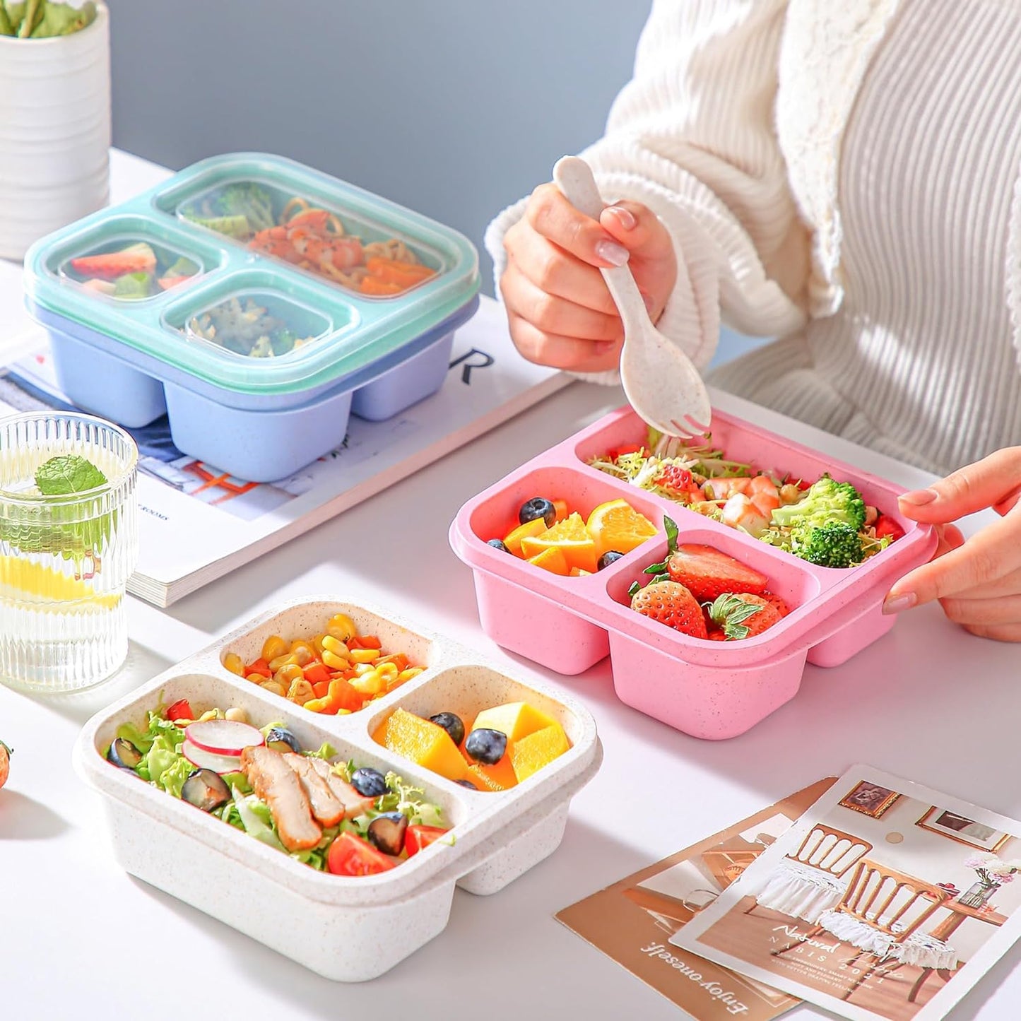 Bento Box For Kids, 4 Pack 3 Compartments Lunchable Meal Prep Containers Lunch Containers, Reusable Snack Containers with Lids, Snack Boxes for School, Work, and Travel