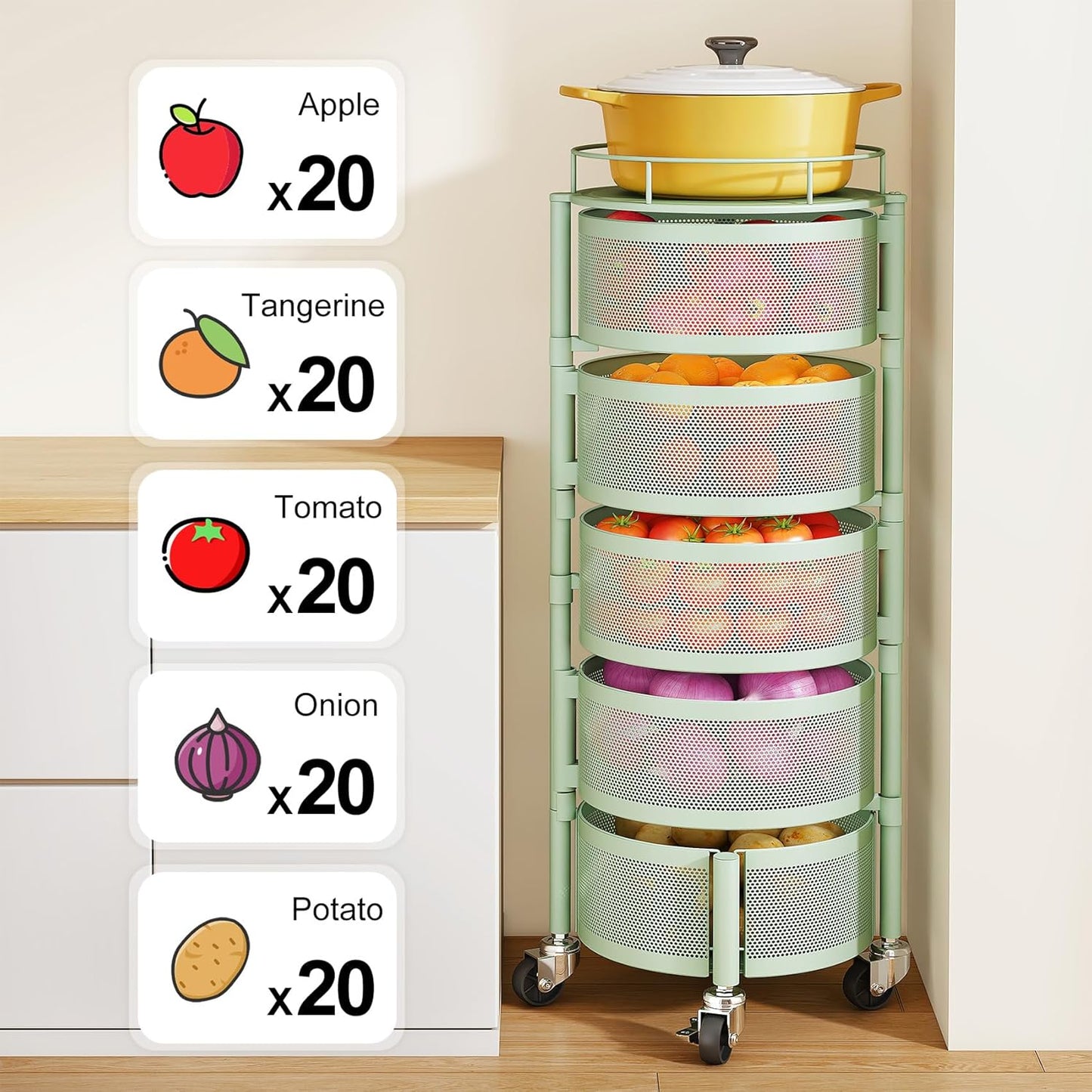 SNTD Fruit and Vegetable Basket Bowls for Kitchen with Metal Top Lid, 5 Tier Rotating Storage Rack Cart for Potato Onion Bread Banana, Wire Basket Organizer on Wheels, Large, Black