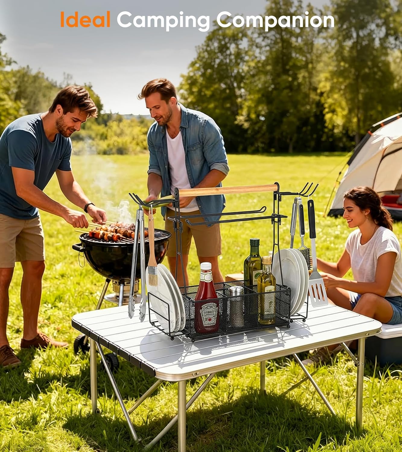 Grill Caddy Barbecue Tool Sets for Outdoor Grill, Picnic BBQ Caddy Picnic Utensil Condiment Organizer, BBQ Accessories Camping Gifts with Paper Towel Holders, Compartments & Hooks
