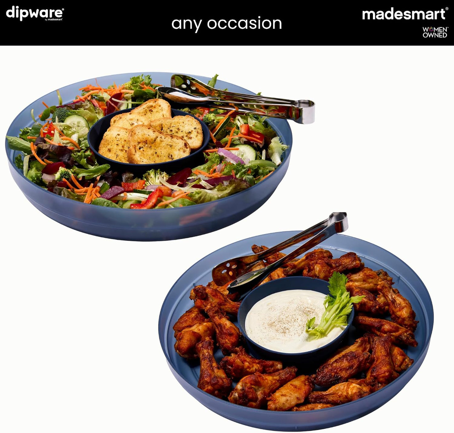 madesmart Chip N Dip Dipware Bowl, 2-Piece Serving Set with Stackable & Removable Dip Bowl, Durable Plastic Chip Tray for Entertaining, Tabletop Snack Server, Blue