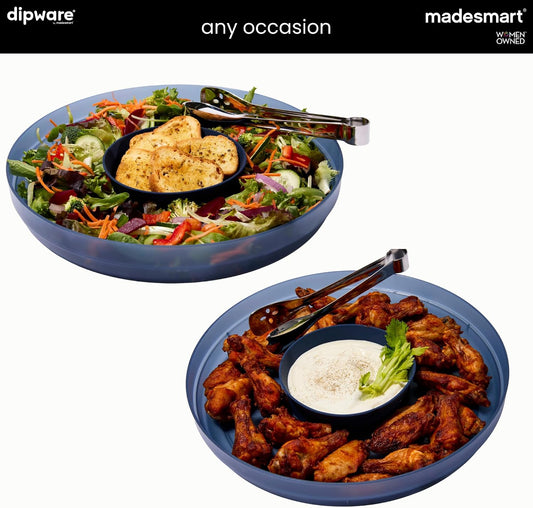 madesmart Chip N Dip Dipware Bowl, 2-Piece Serving Set with Stackable & Removable Dip Bowl, Durable Plastic Chip Tray for Entertaining, Tabletop Snack Server, Blue