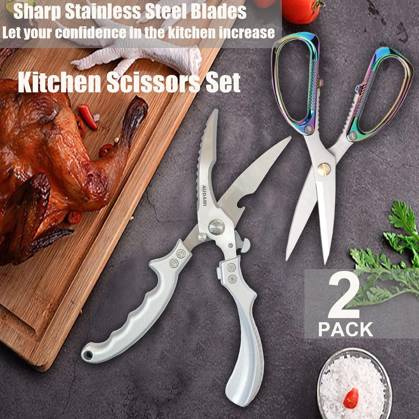 2 Pack Kitchen Shears,Heavy Duty Stainless Steel All-Purpose Poultry Meat Scissors for Cooking-Dishwasher Safe