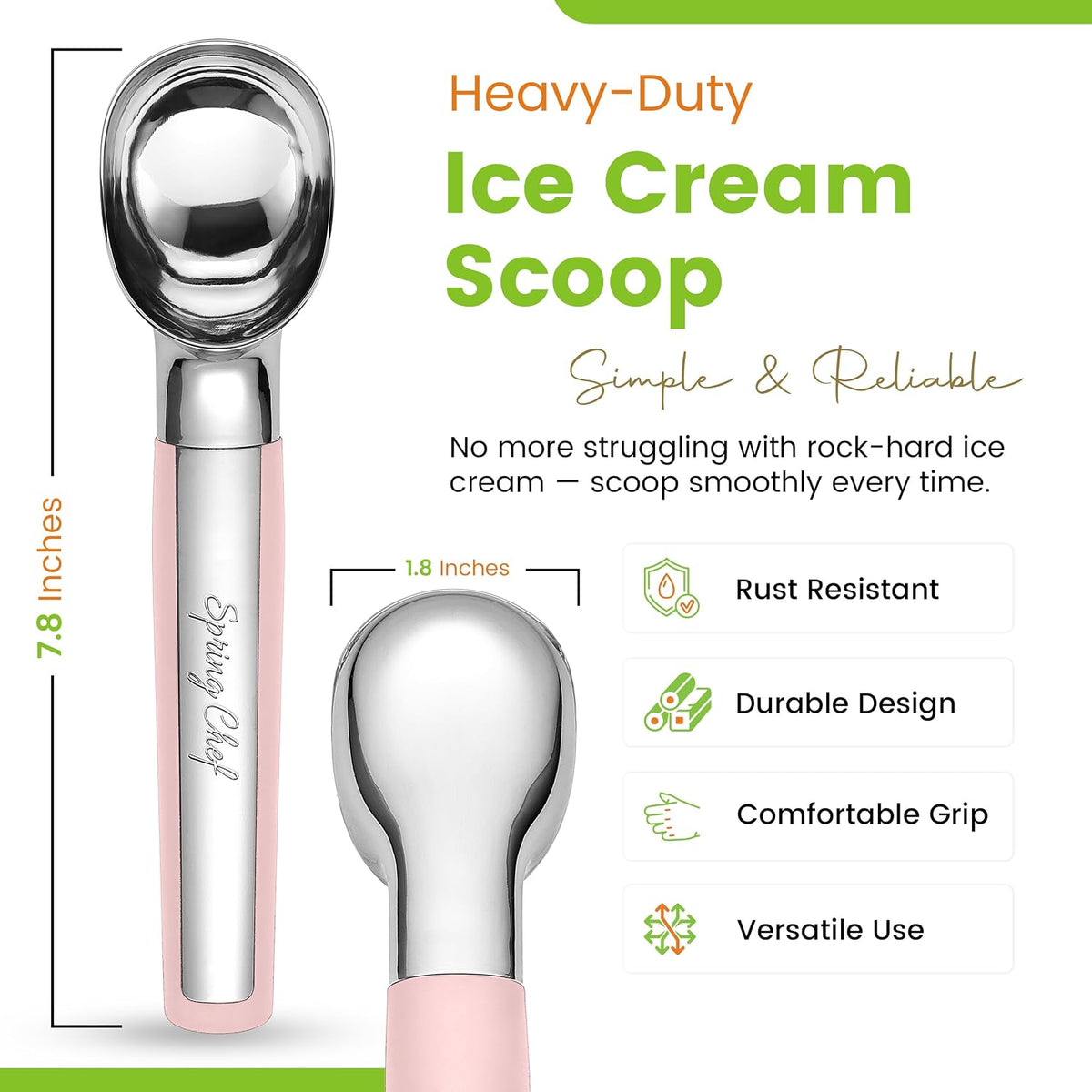 Spring Chef Heavy Duty Metal Ice Cream Scoop with Soft Grip Handle, Pink