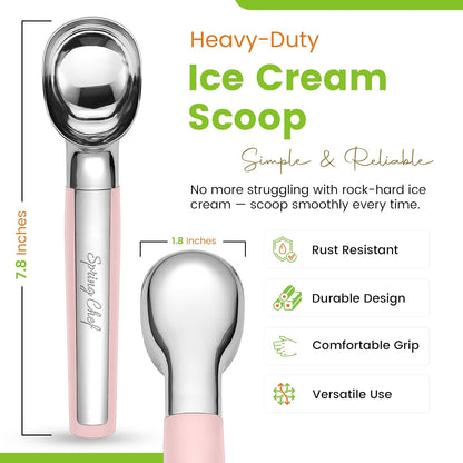 Spring Chef Heavy Duty Metal Ice Cream Scoop with Soft Grip Handle, Pink