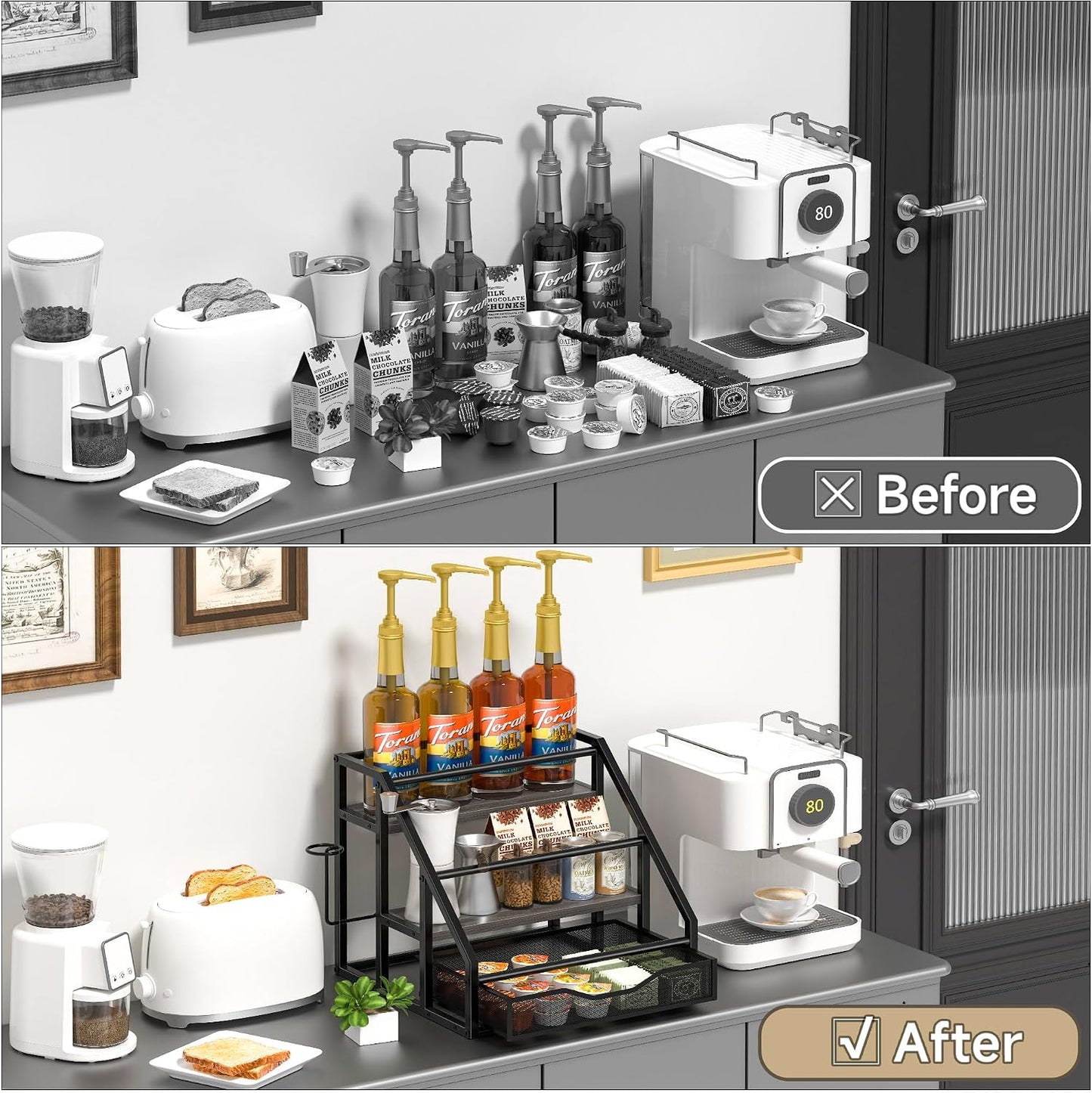 Coffee Syrup Rack Organizer, Spice Racks, Syrup Bottle Holder Stand for Coffee Bar, 3-Tier 12 Bottles Storage Shelves for Syrup, Wine, Dressing for Kitchen Countertop, Rustic Brown & Black