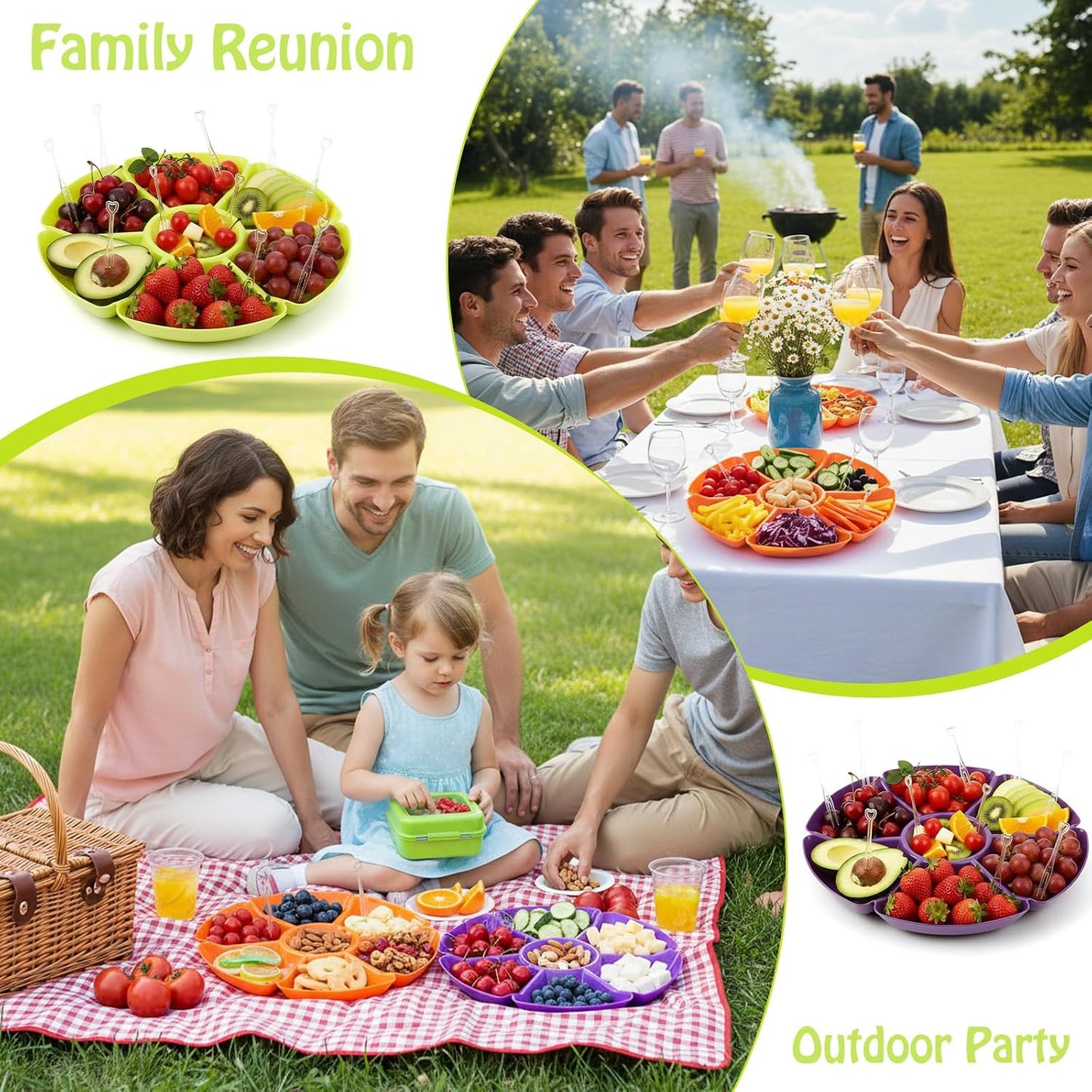 12 Pcs Plastic Divided Serving Trays with 100 Pcs Disposable Fork, 7 Compartments Round Chip Dip Plate, Petal Shape Platter, 10.63'' Snacks Serving Dish for Party Candy Nuts Fruits (Classic Color)