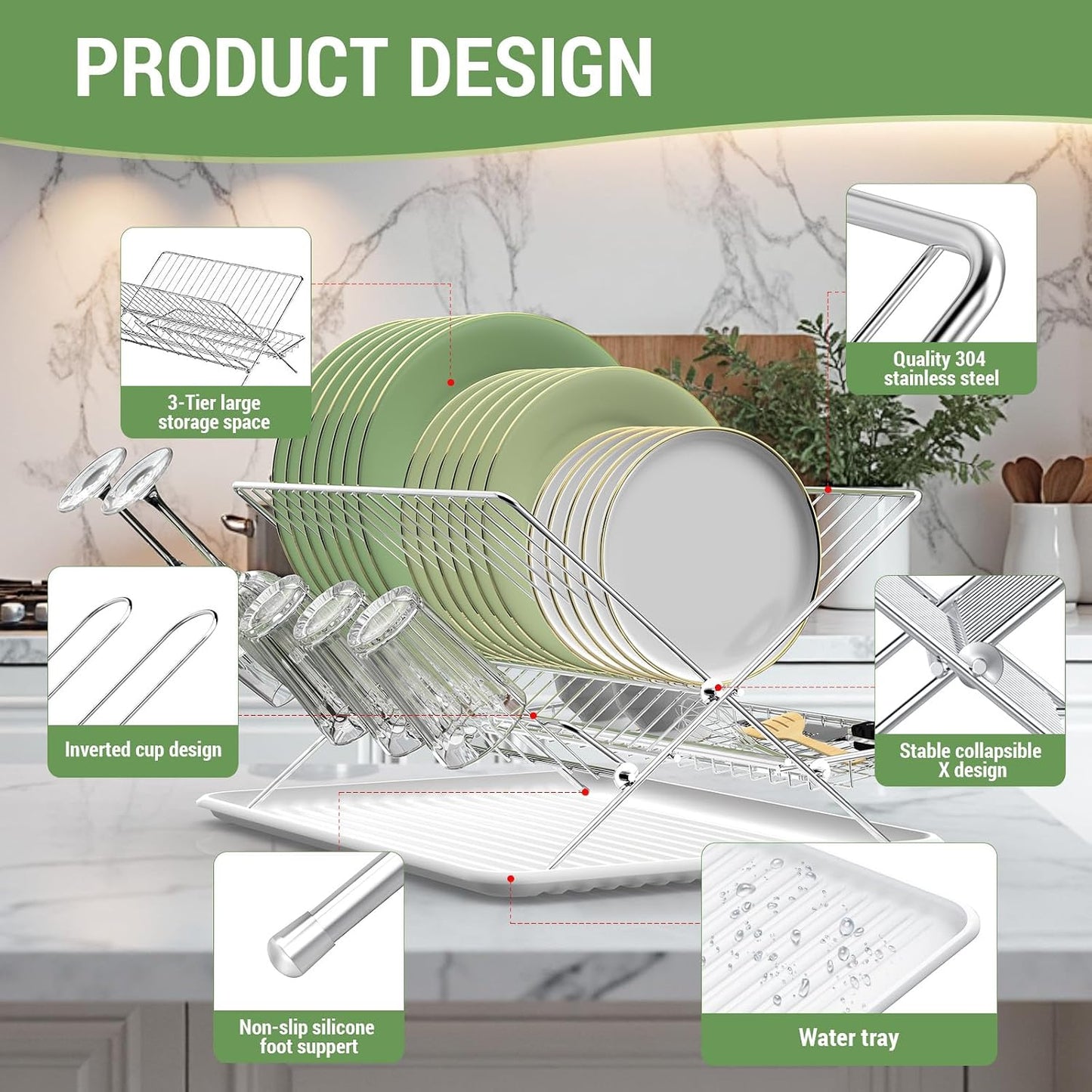 Expandable Over The Sink Dish Drainer Drying Rack, Stainless Steel Metal, Small Adjustable Dish Drainer Drying Rack for Kitchen Counter, Space Saving for Compact Kitchen