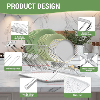 Expandable Over The Sink Dish Drainer Drying Rack, Stainless Steel Metal, Small Adjustable Dish Drainer Drying Rack for Kitchen Counter, Space Saving for Compact Kitchen