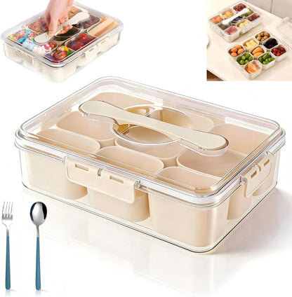 VIDONIO Divided Serving Tray with Lid & Handle - 9 Compartments Portable Snack Platter Organizer Fresh-Keeping Box for Candy Fruit Nuts Spice Charcuterie Container for Entertaining Party Travel Picnic